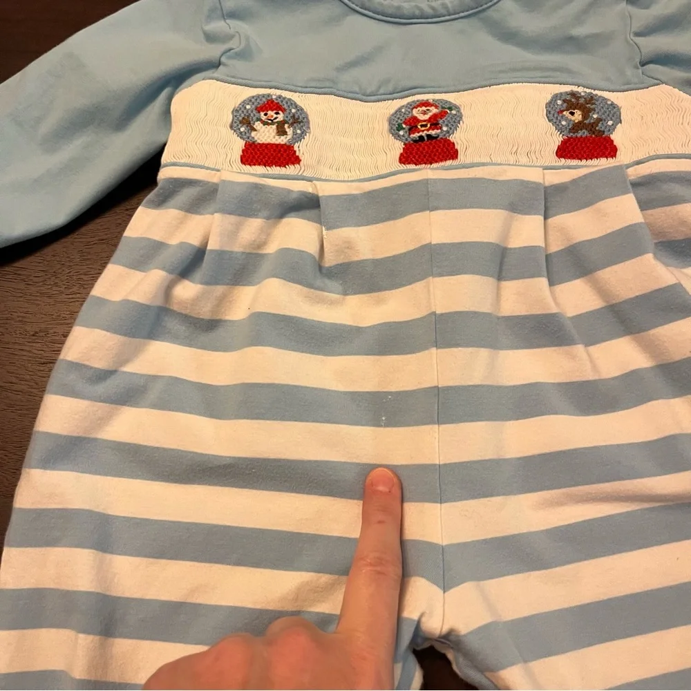 Busy Bee Smocks! Christmas Smocked Snowglobe Santa Stripe Jon Jon Romper 6 Month